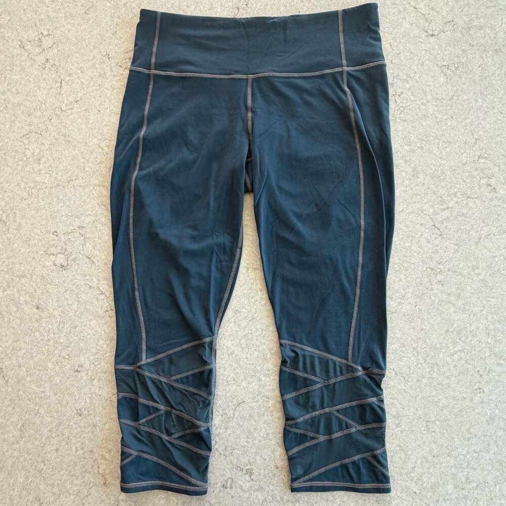Athleta Dark Teal Green Capri Leggings with Mesh Strappy Ankle Detailing Size L